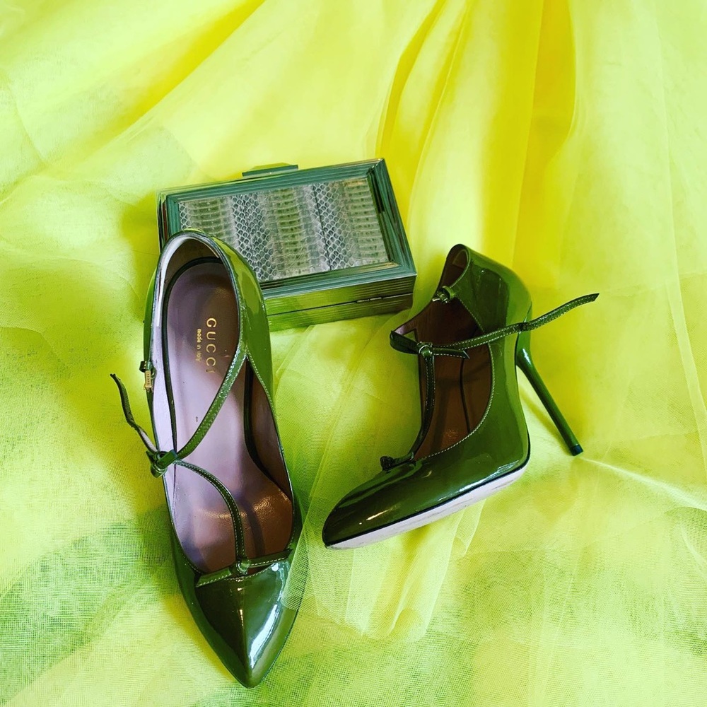 Gucci patent Beverly t-strap pumps- Olive green